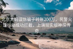 北京大媽誤信騙子轉(zhuǎn)賬200萬，民警火速行動(dòng)成功攔截，上演現(xiàn)實(shí)版神探傳奇